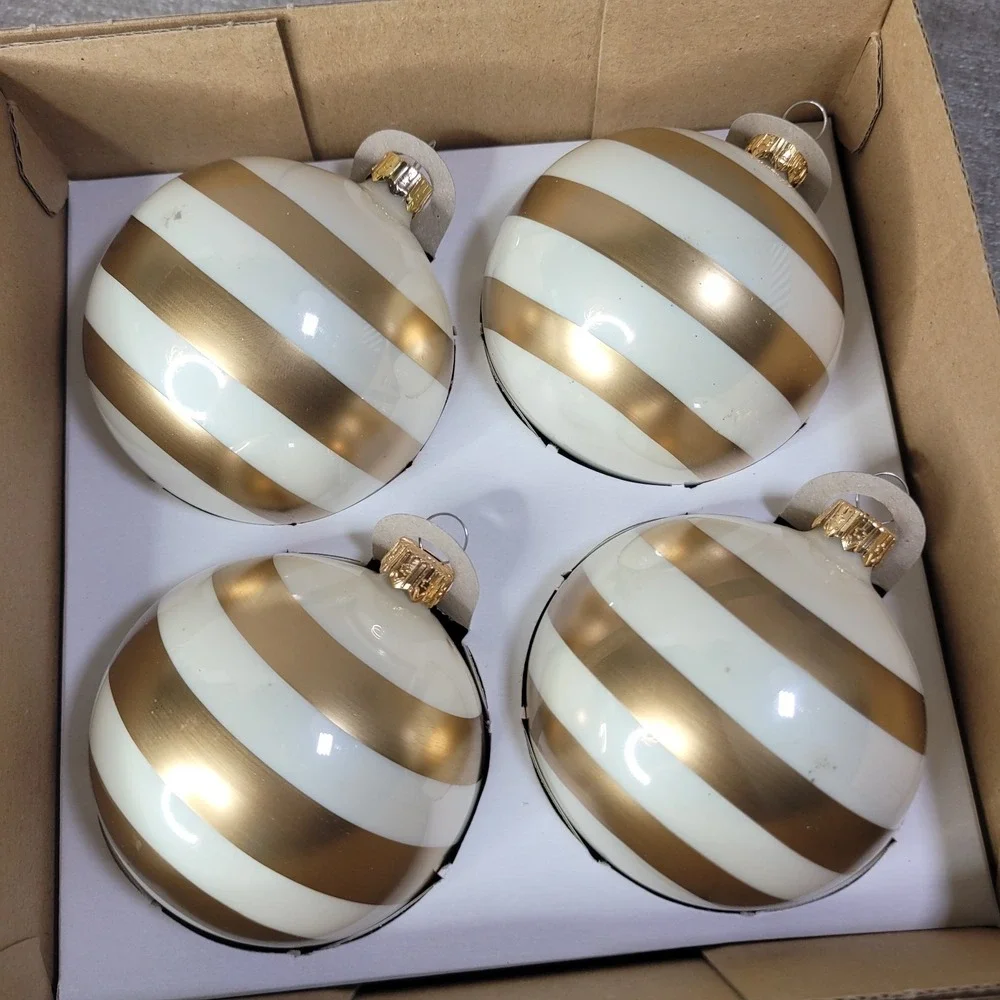 Vitbis‎ Set of 8 Christmas Ornaments White & Gold Stripes Handcrafted Poland